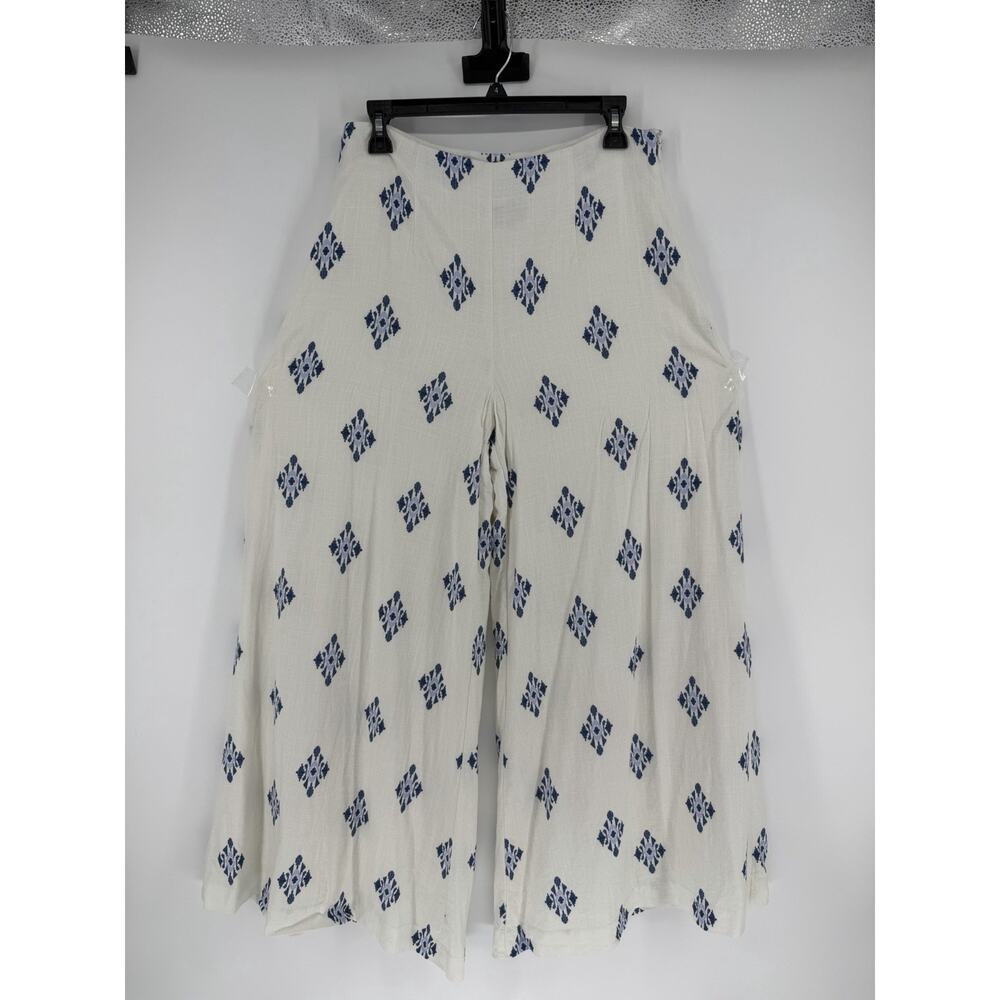 Alex Marie White Blue Linen Blend Geometric Cropped Wide Leg Pants Size 12/14 - Picture 2 of 8
